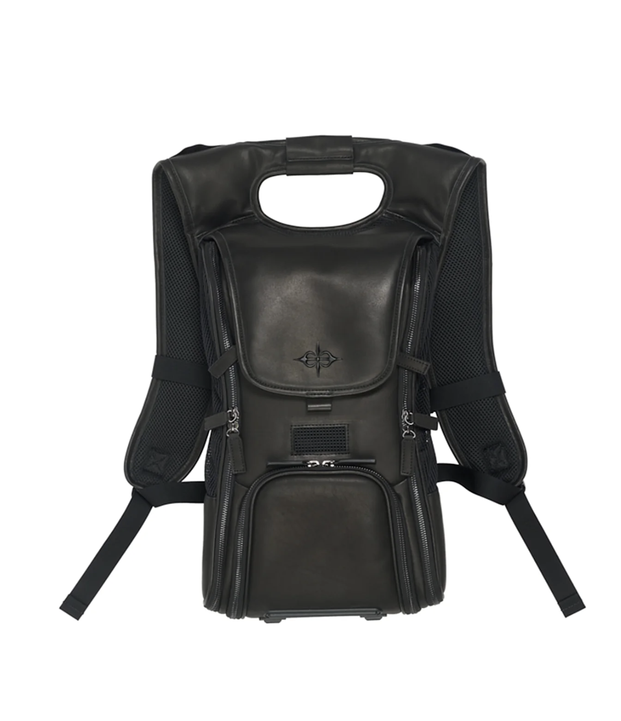 Black VIVET streaming backpack with leather panels, mesh sides, a top handle, and multiple zip pockets.