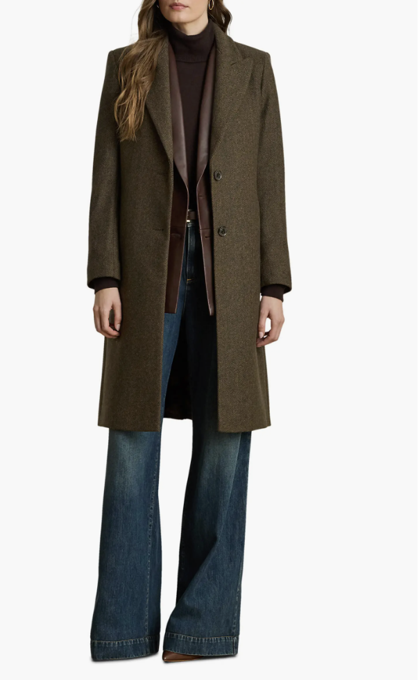 Lauren Ralph Lauren brown wool-blend tweed coat for a coordinated fall wardrobe