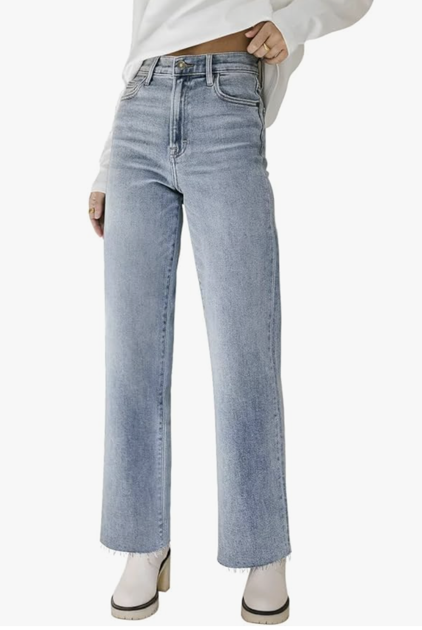 A product photo of High Waisted Light Wash Straight Leg Jeans with a raw hem, styled as a versatile base for a classic 2026 outfit.