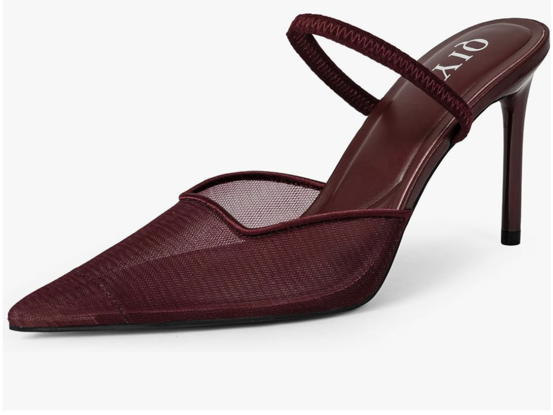 A single burgundy mesh pointed-toe mule shoe with a thin kitten heel and an adjustable slingback strap, shown on a transparent background.