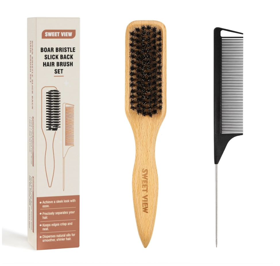 A wooden Sweet View boar bristle slick back hair brush next to its matching product packaging box against a plain background.