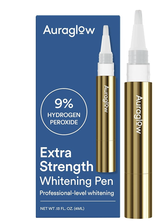 Box and close-up of the AuraGlow Extra Strength Teeth Whitening Pen, highlighting the 9% hydrogen peroxide formula and "Professional-level whitening" label.