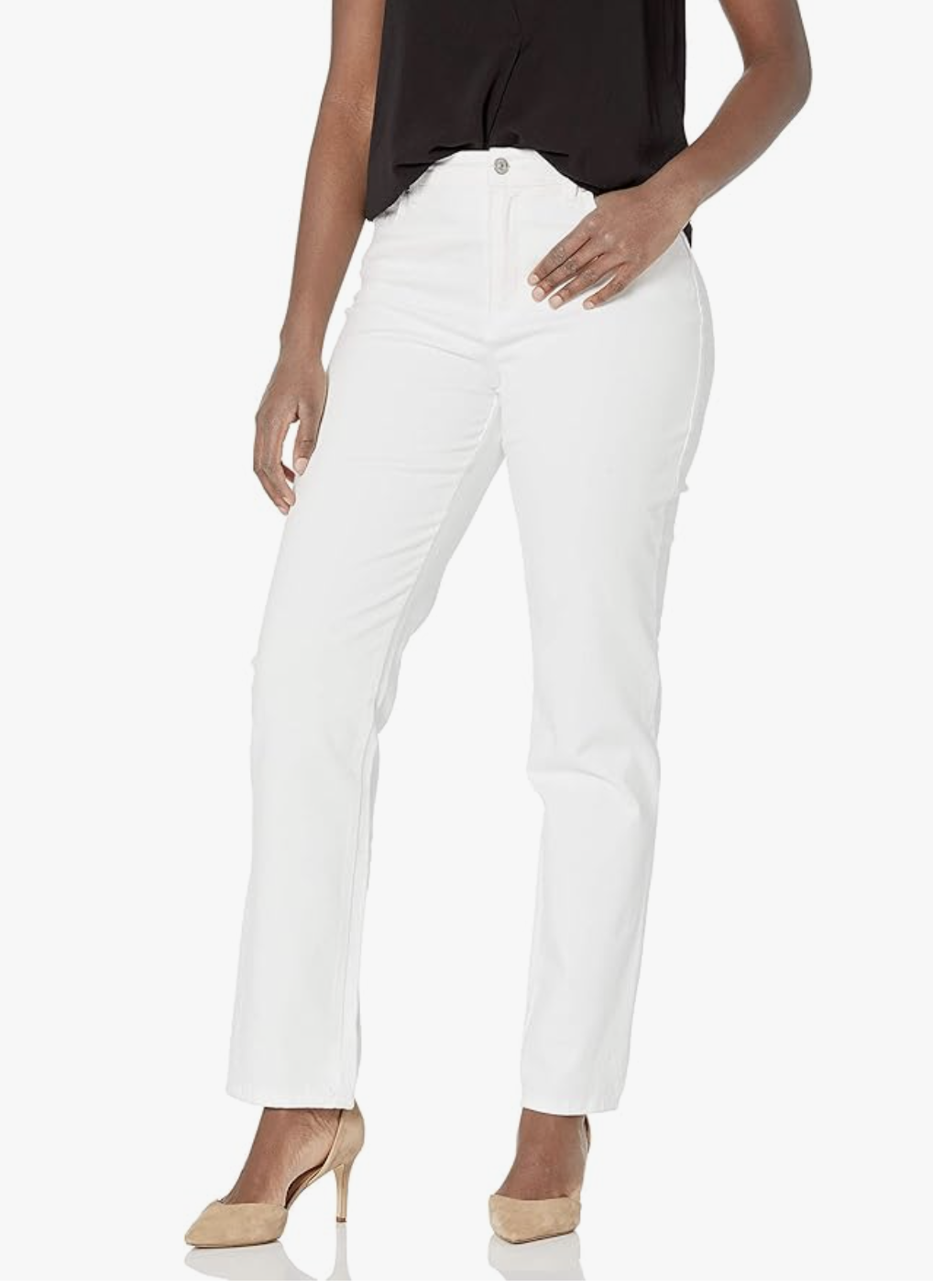 Professional stylist's pick for Gloria Vanderbilt Classic Amanda High Rise Jeans in white, featuring a high-quality, non-see-through denim fabric and a flattering tapered leg.