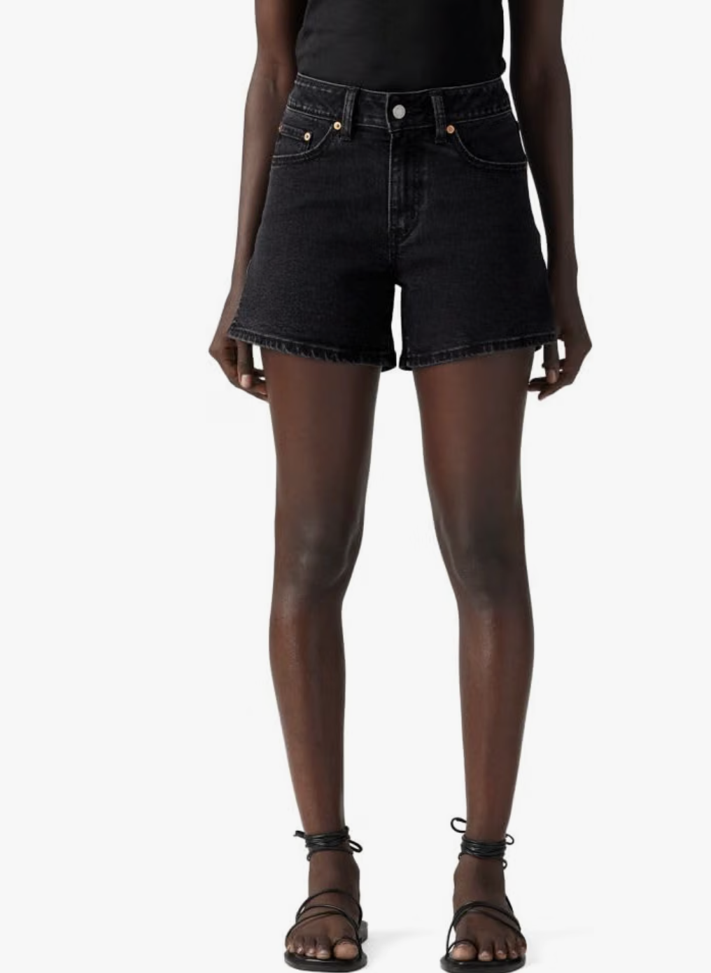 Levi’s black A-line denim shorts with a raw hem