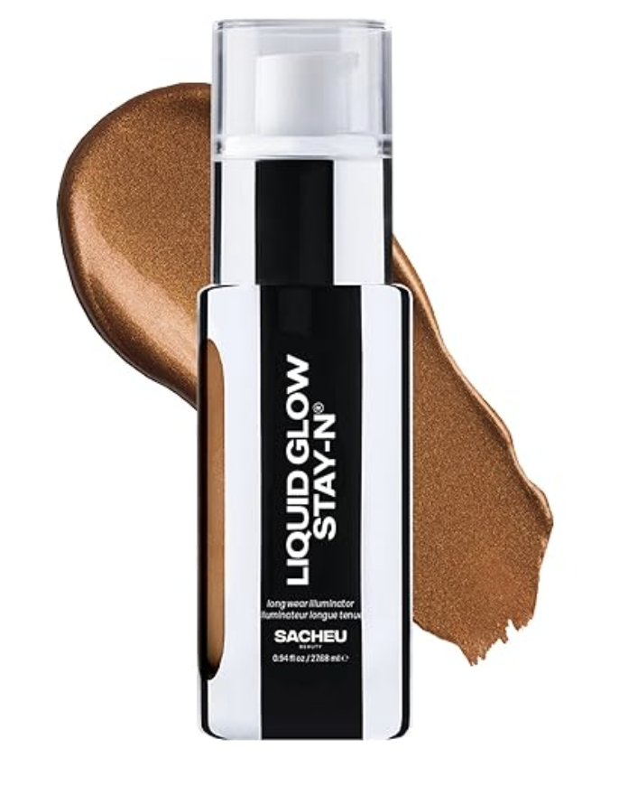 : A close-up view of a bottle of Sacheu Liquid Glow Stay-N long wear illuminator next to a smooth swipe of the shimmery bronze liquid product.
