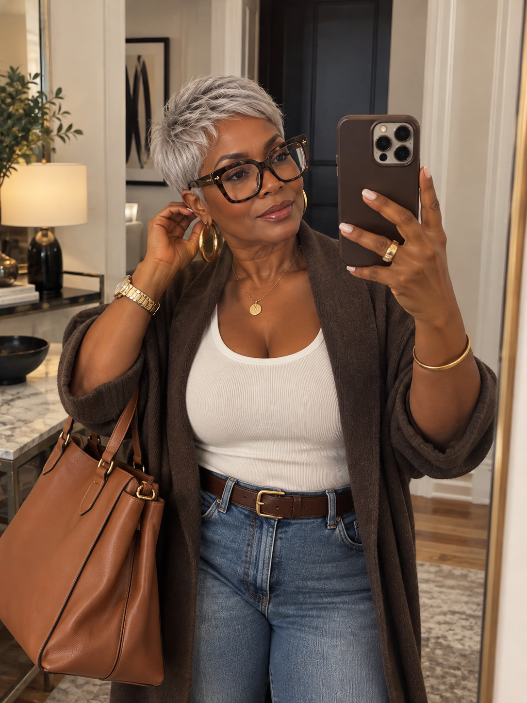 Woman with short silver hair taking a mirror selfie in a long brown cardigan, white tank, straight-leg jeans and a cognac leather tote.