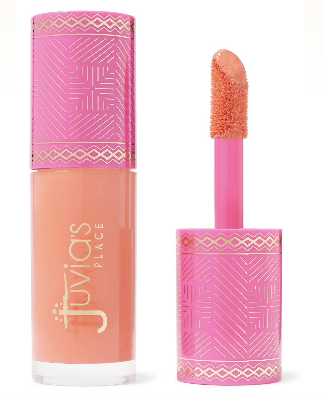 Juvia's Place Blushed Liquid Blush in the shade Marigold, featuring a vibrant neon-orange liquid formula with a large doe-foot applicator and a pink and gold patterned cap.