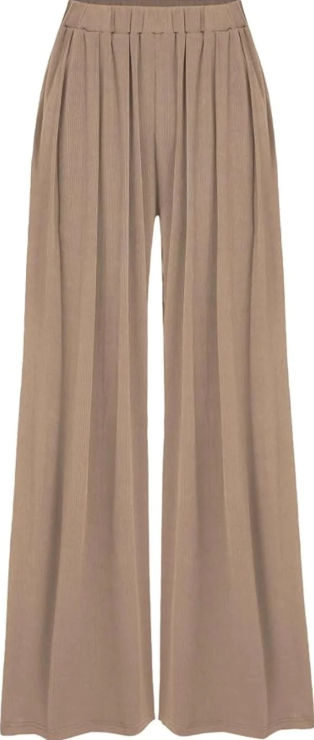 A pair of taupe, high-waisted Wide Leg Palazzo Pants featuring a flowy silhouette and elastic waistband, shown as a professional and comfortable office clothing option.