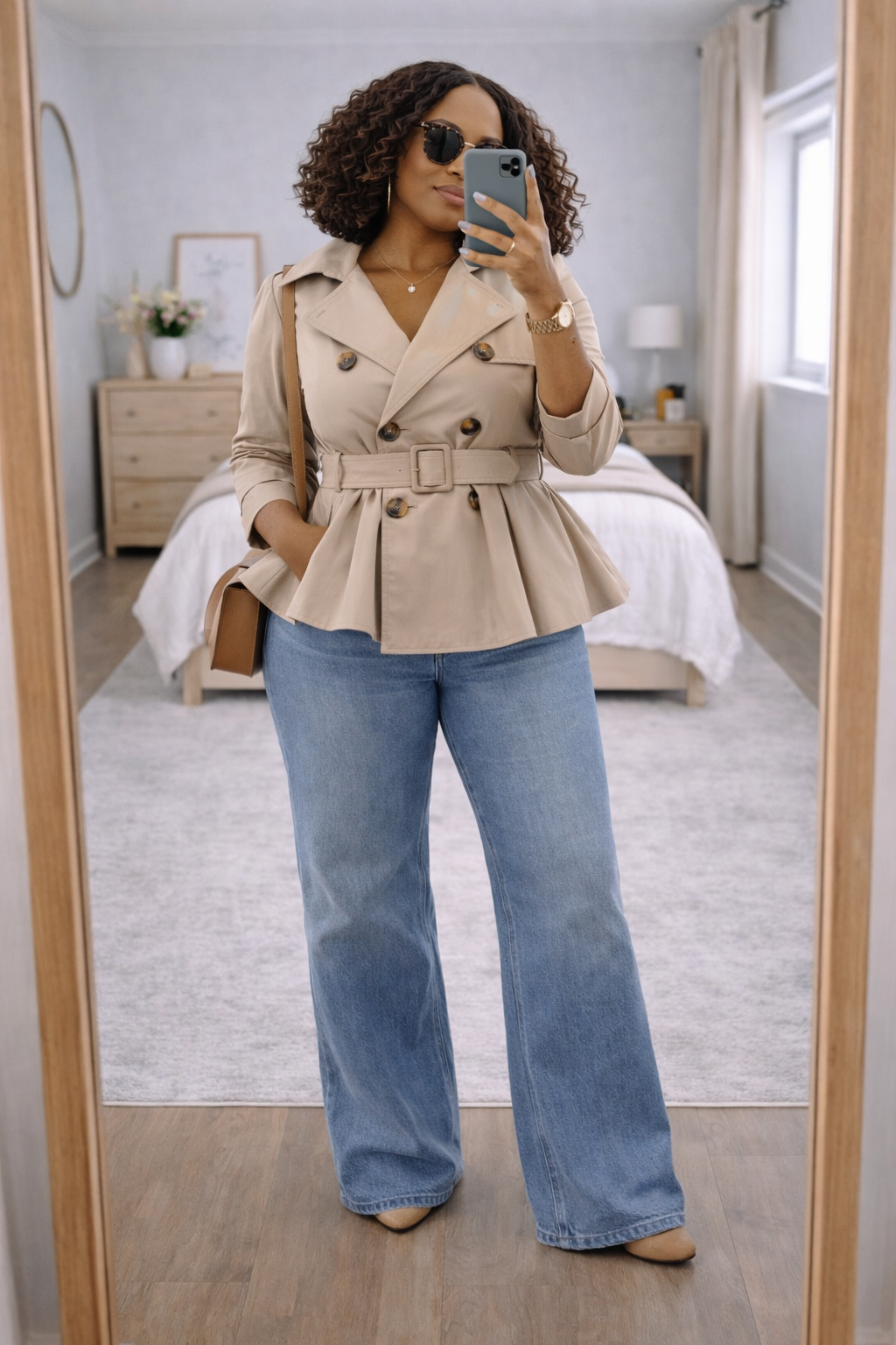 A woman taking a mirror selfie wearing a structured tan peplum trench coat as an anchor piece, paired with classic blue jeans and gold accessories.