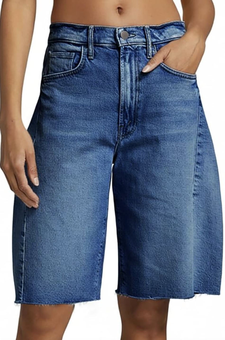 A pair of sky blue high-waisted Bermuda denim shorts with a wide-leg fit and knee-length hem.