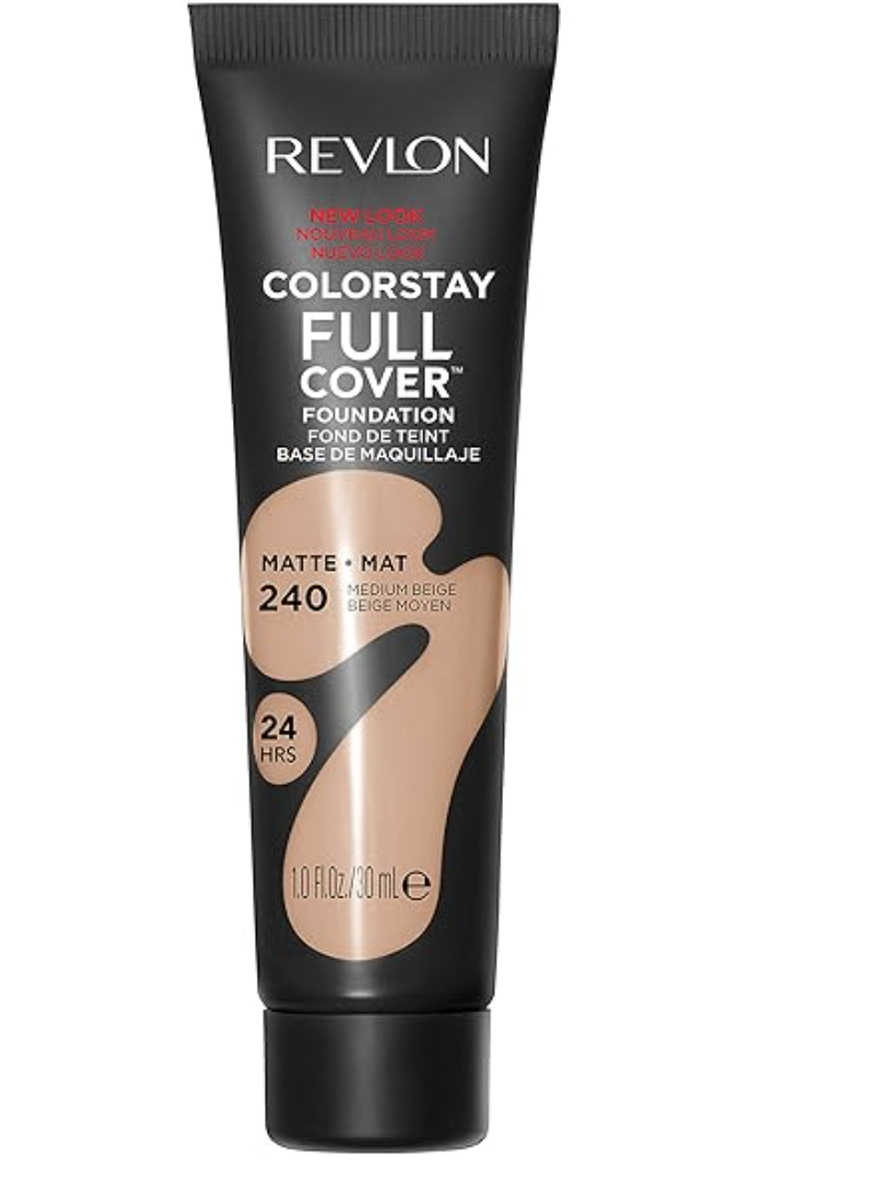 A squeeze tube of Revlon ColorStay Full Coverage Foundation in shade 240 Medium Beige, showcasing the 24-hour matte finish packaging against a clean background.