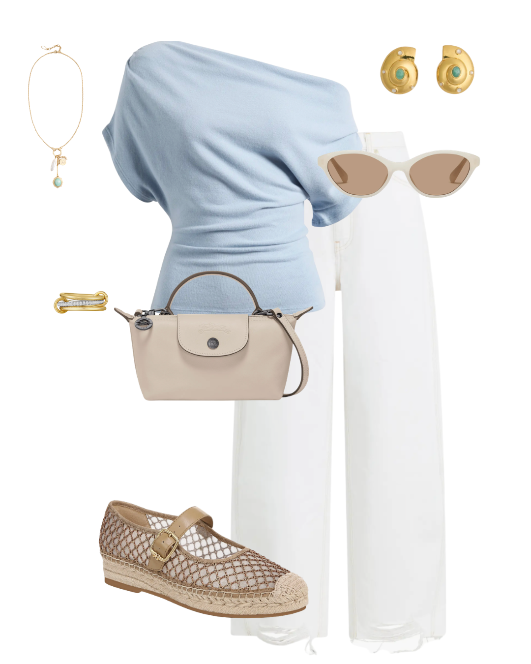 A flat lay arrangement of a summer evening outfit featuring a light blue asymmetrical off-the-shoulder top, white jeans, tan mesh espadrille flats, a small beige leather top-handle crossbody bag, tan cat-eye sunglasses, and gold jewelry.
