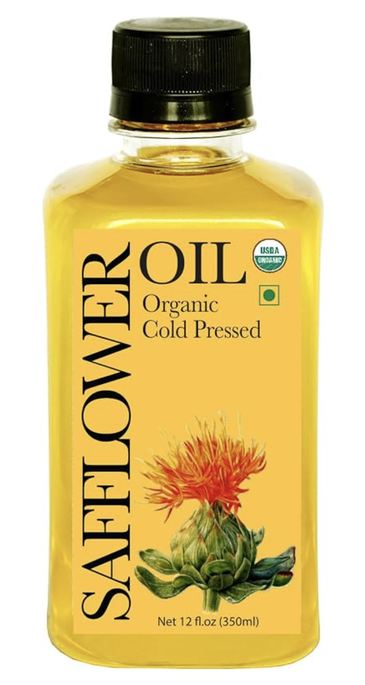 Safflower oil bottle used as a light finishing oil