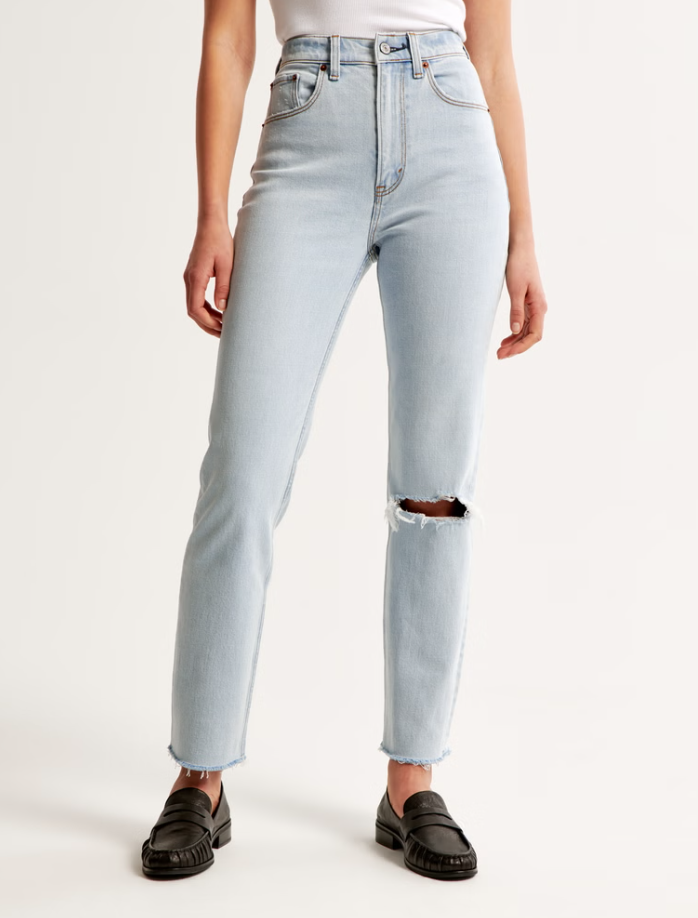 Abercrombie Ultra High Rise Ankle Straight Jean in light wash denim, showing the extra-tall fit that provides a full-length look for women 5'10" and up.