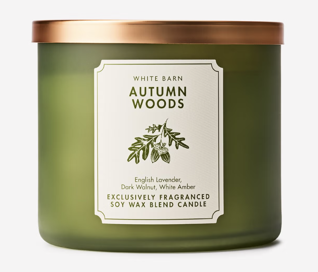 Bath & Body Works Autumn Woods three-wick candle.
