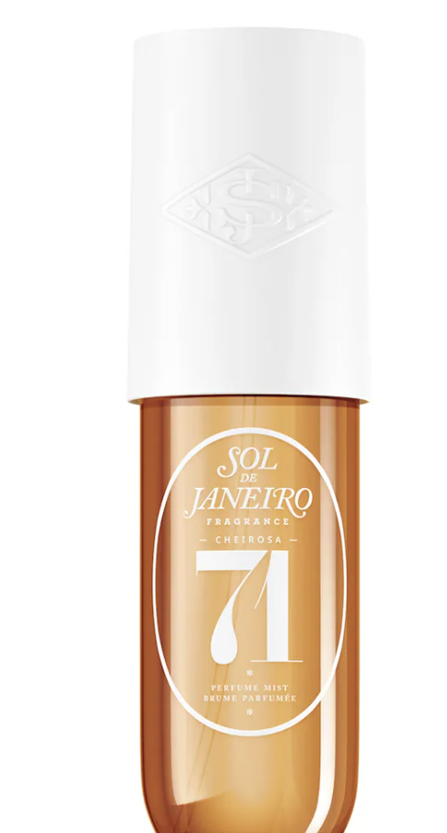 A tall, cylindrical bottle of Sol de Janeiro Cheirosa 71 Hair & Body Perfume Mist with an amber-colored liquid and a white cap, featuring the signature Sol de Janeiro sun-inspired logo.