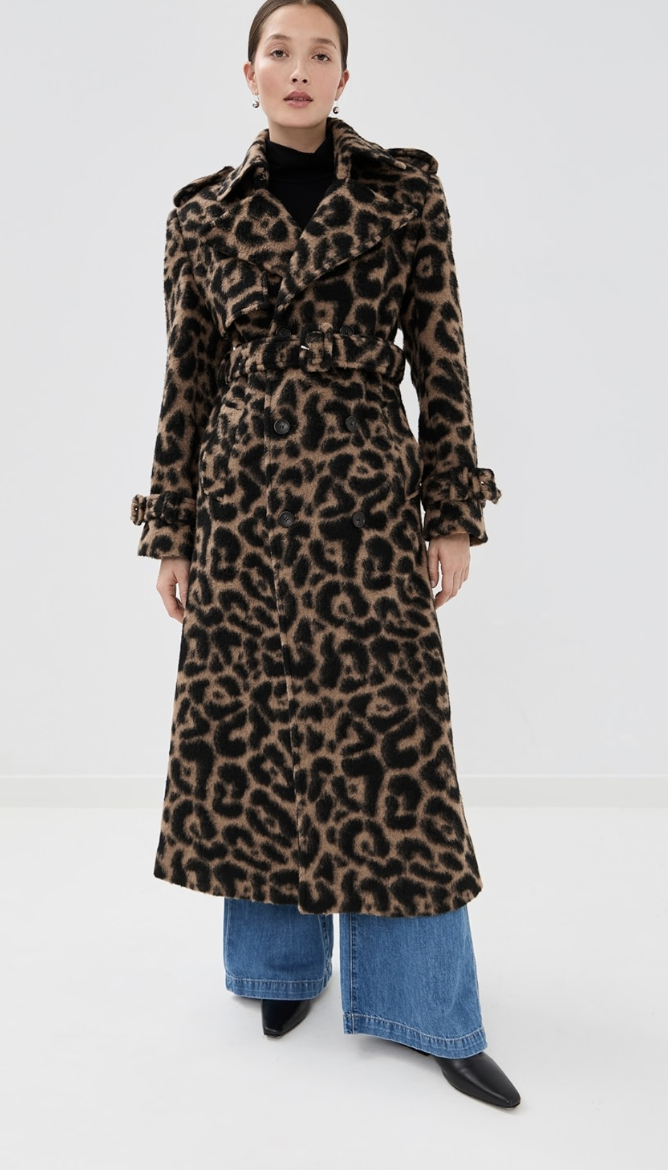 "SIMKHAI Rumi Belted Long Coat in leopard print brushed wool, styled as a statement piece for a timeless winter wardrobe."
