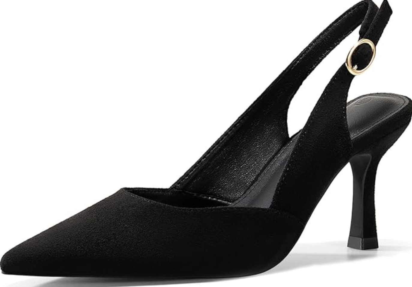 A pair of black pointed toe slingback kitten heels from Amazon, styled with a bodysuit and blazer to create a long vertical line for a big belly.