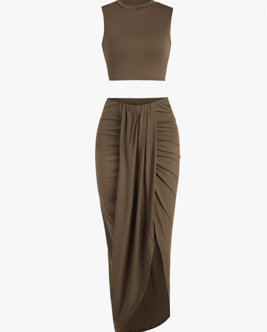 A studio product shot of a dark brown two-piece outfit featuring a strapless crop top and a matching high-waisted maxi skirt with a draped, wrap-effect silhouette and a high side slit.