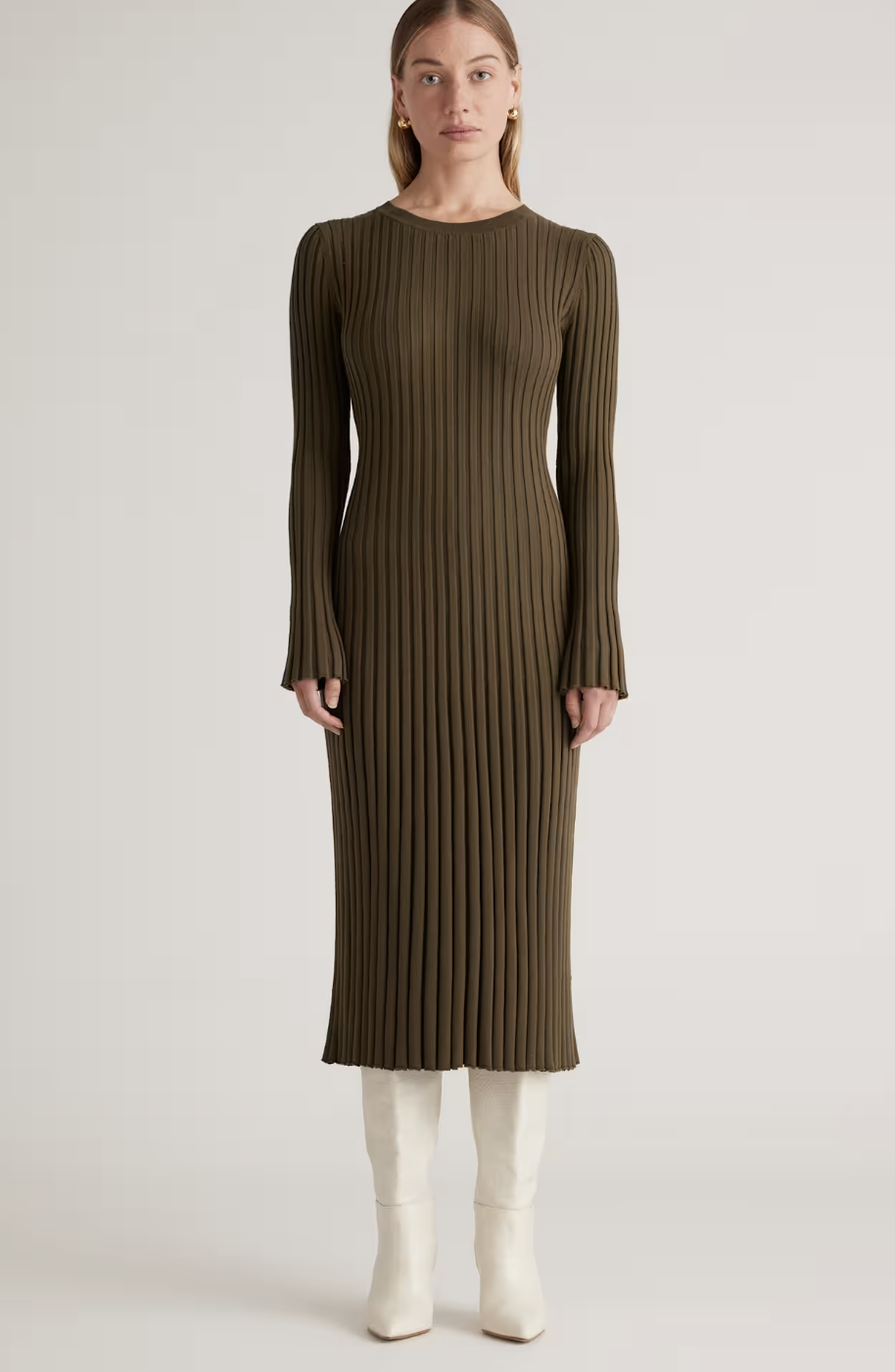 Olive green ribbed long-sleeve knit mini dress.