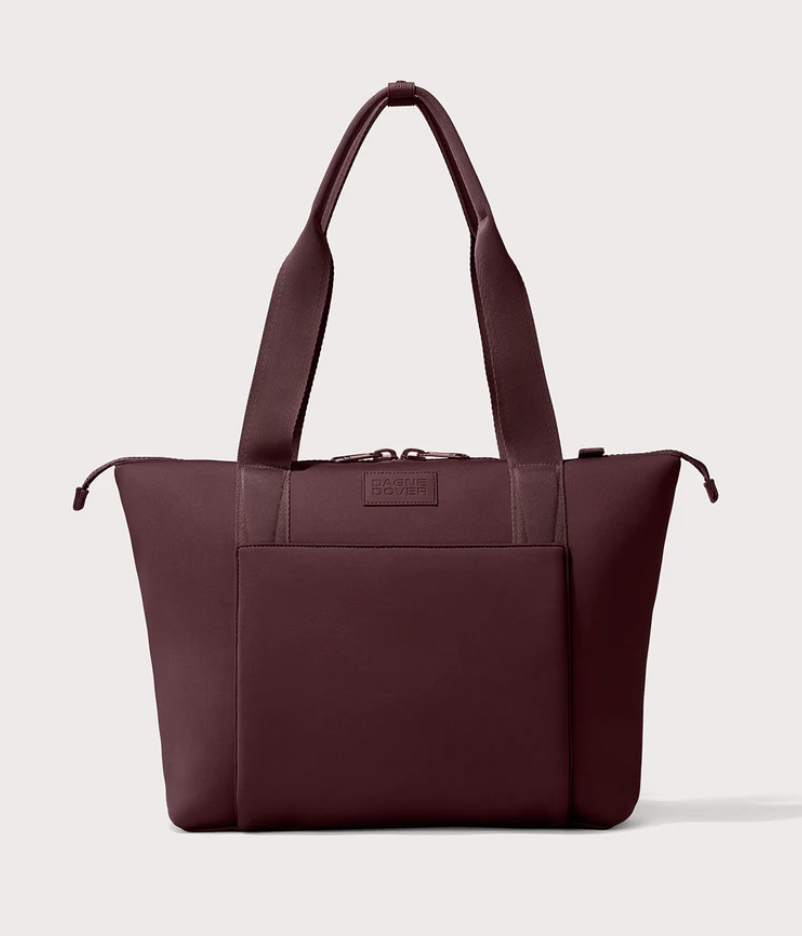 Burgundy nylon Longchamp Le Pliage Large Tote with brown leather top handles and a signature snap-button flap.