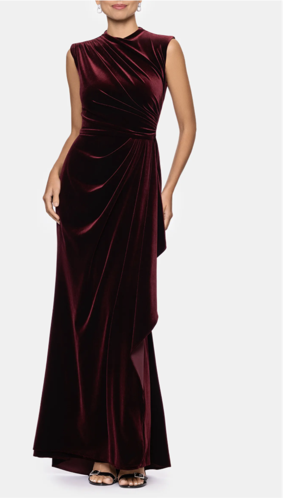 Burgundy Betsy & Adam velvet column gown with cap sleeves and ruching at the waist.