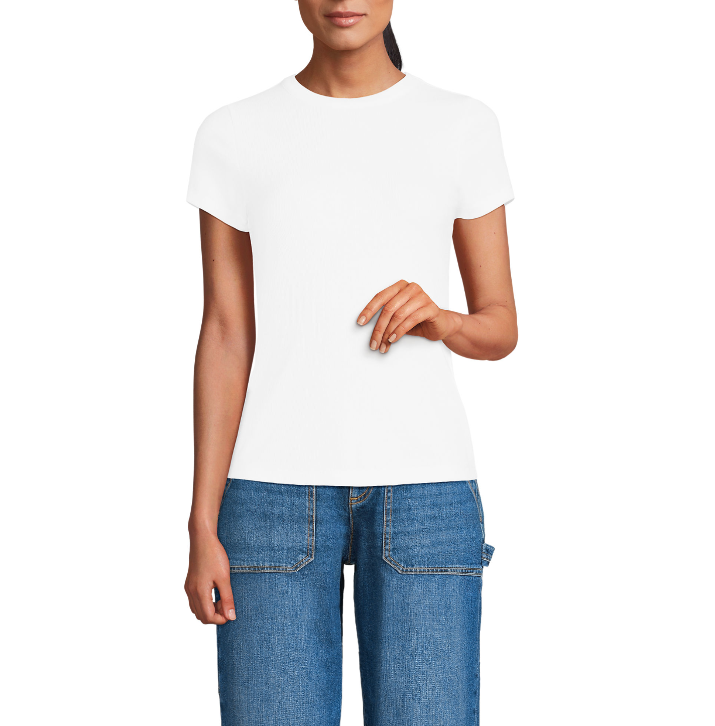 Woman wearing the Lands' End Drapey Rib fitted white t-shirt, a non-see-through ribbed tee for women.