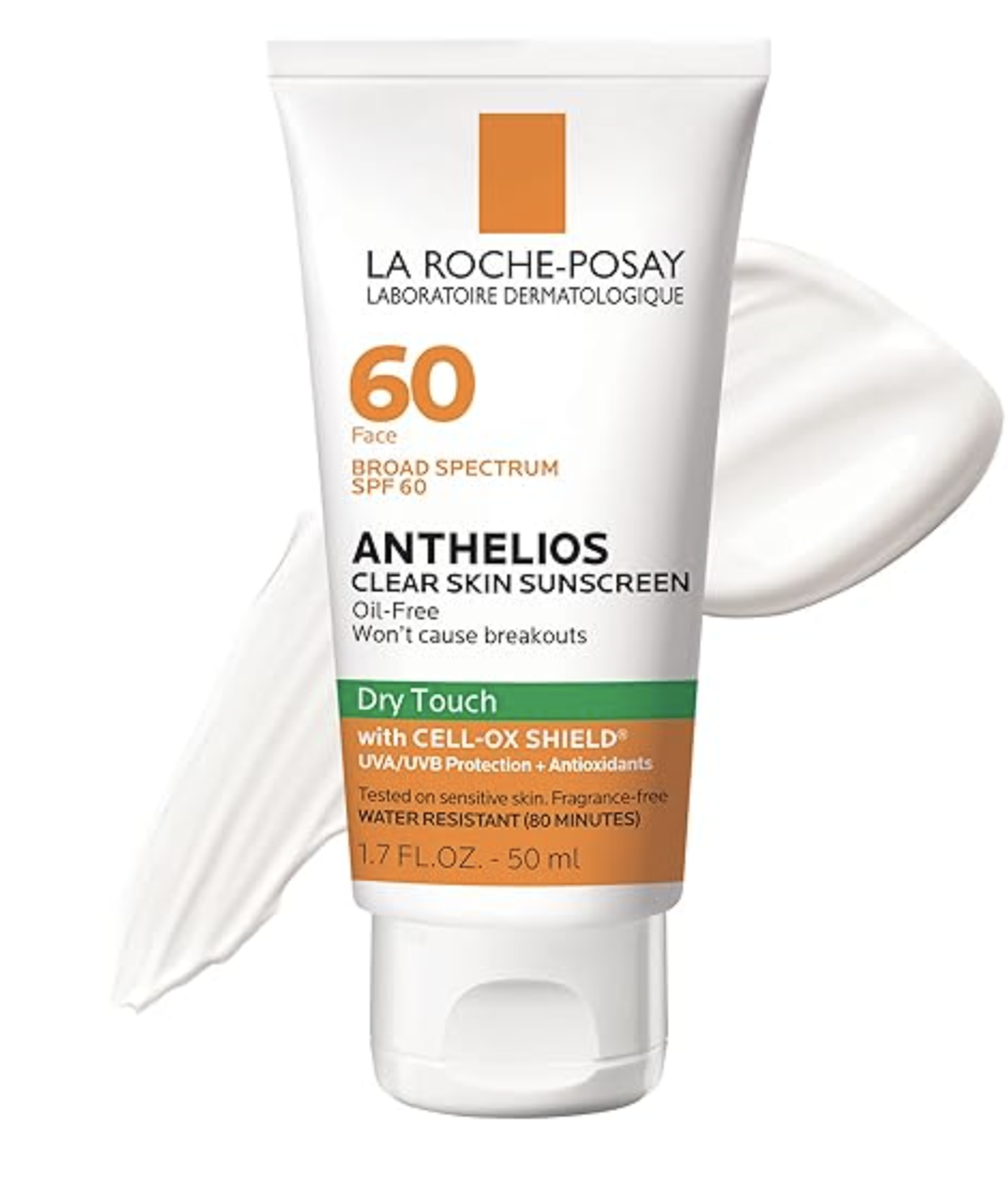 Product shot of La Roche-Posay Anthelios Clear Skin Dry Touch Sunscreen SPF 60 in a white and orange tube, featured as a dermatologist-backed choice for daily UVA protection.
