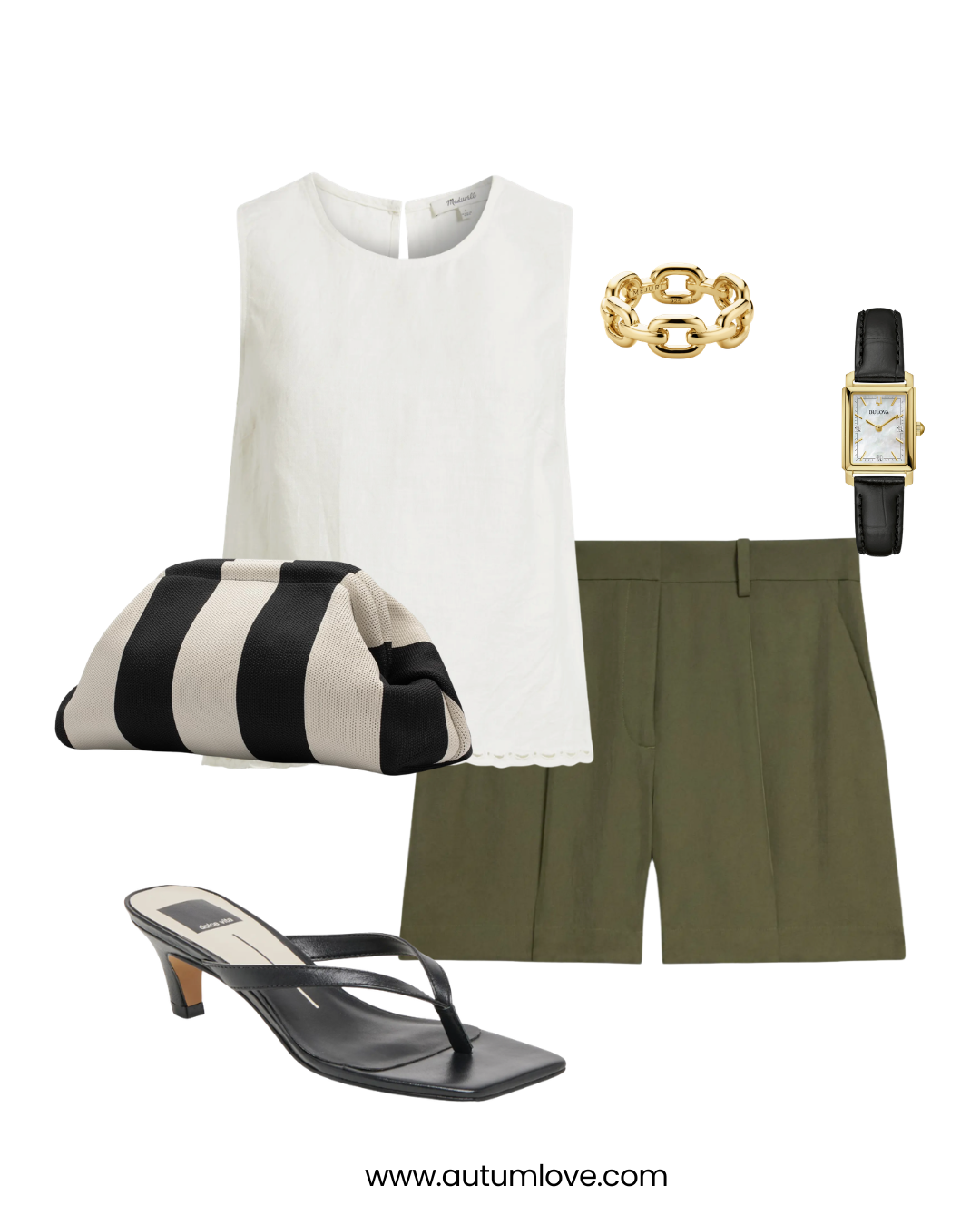 A flat-lay office outfit featuring a white sleeveless blouse, olive green tailored trouser shorts, black thong-style heeled sandals, a black and white striped clutch, and a gold watch.