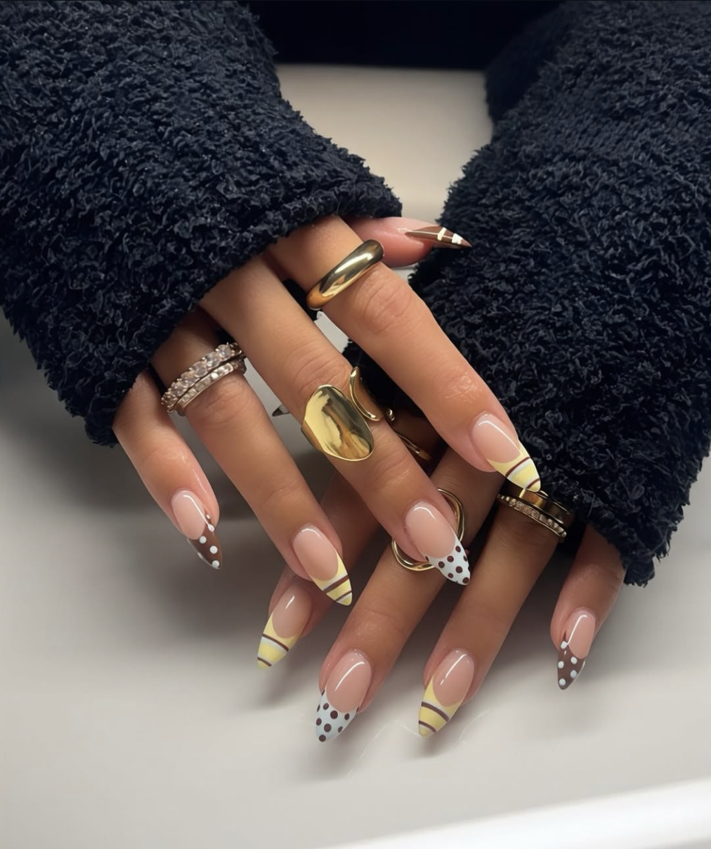 Butter-yellow with brown dots manicure for the summer-to-fall transition