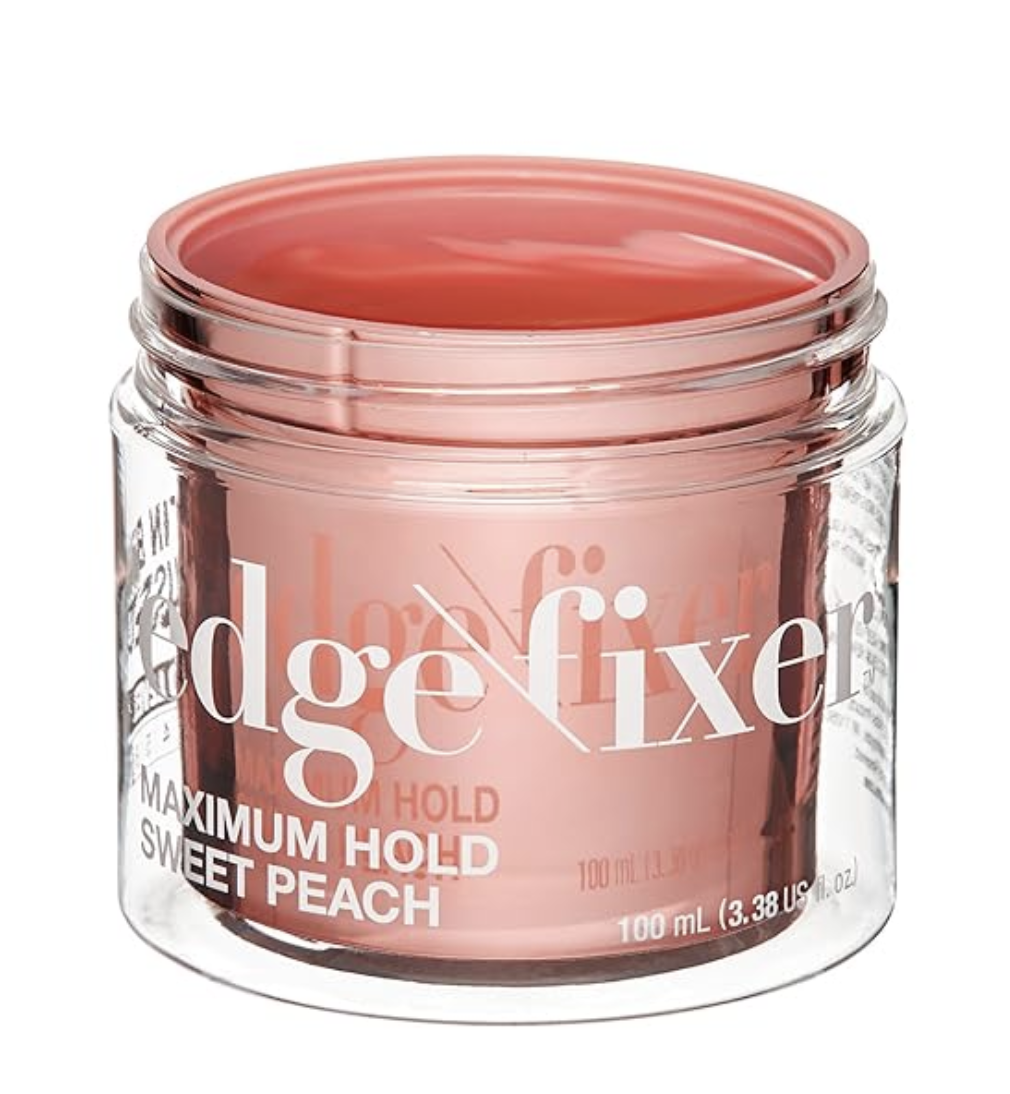 A clear jar of KISS COLORS & CARE Maximum Hold Edge Fixer with pink Sweet Peach scented gel.