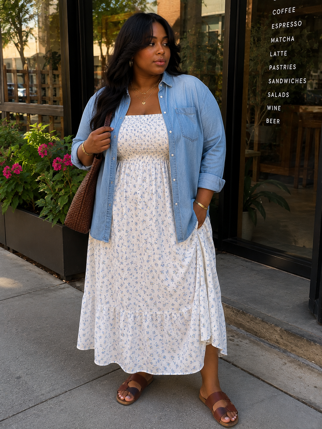 A woman styling a white and blue floral midi dress by layering an unbuttoned light-wash denim shirt over it, paired with brown leather slide sandals and a woven brown shoulder bag.