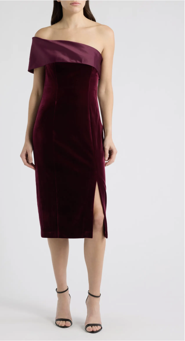 Wine-colored Eliza J off-the-shoulder velvet midi dress with satin detailing.