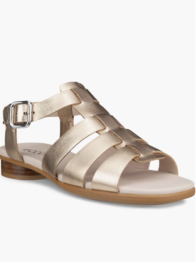 Close-up of the ECCO Sculpted Alba 25 Fisherman Sandal in metallic gold leather featuring a chunky woven strap design and side buckle closure.