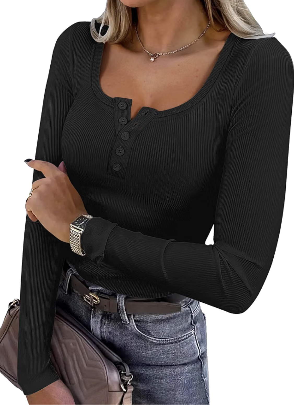 ANRABESS ribbed long sleeve henley top for women