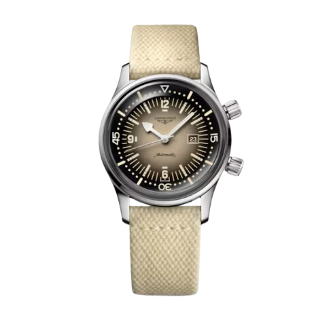 A Longines Conquest V.H.P. (Very High Precision) quartz watch featuring a silver sunray dial with bold Arabic numerals, a perpetual calendar, and a beige leather strap.
