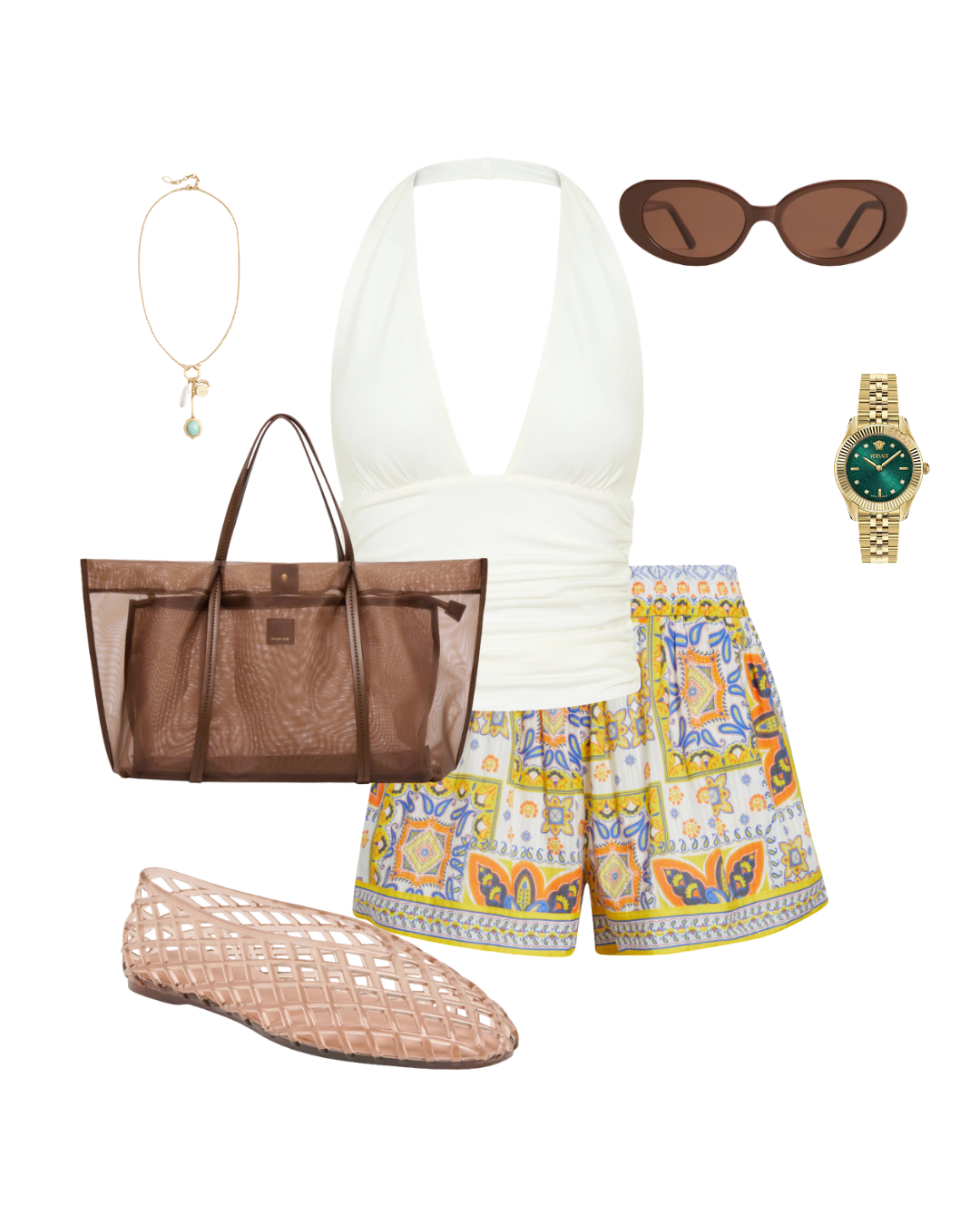 A resort outfit collage for a Cabo beach club lunch featuring yellow and blue Mediterranean print shorts, a white halter neck top, beige woven leather slide flats, a brown mesh tote bag, and a gold pendant necklace.