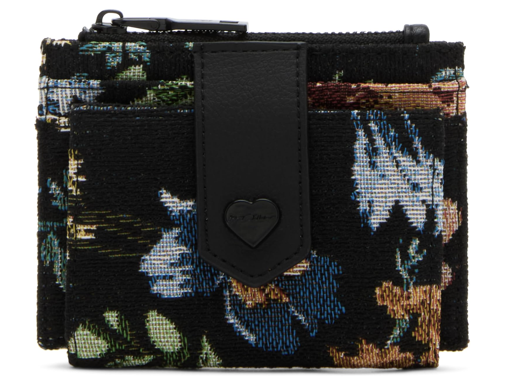 A dark floral tapestry fold-over wallet featuring blue and green floral patterns with black leather trim, a snap closure, and a heart accent on a transparent background.