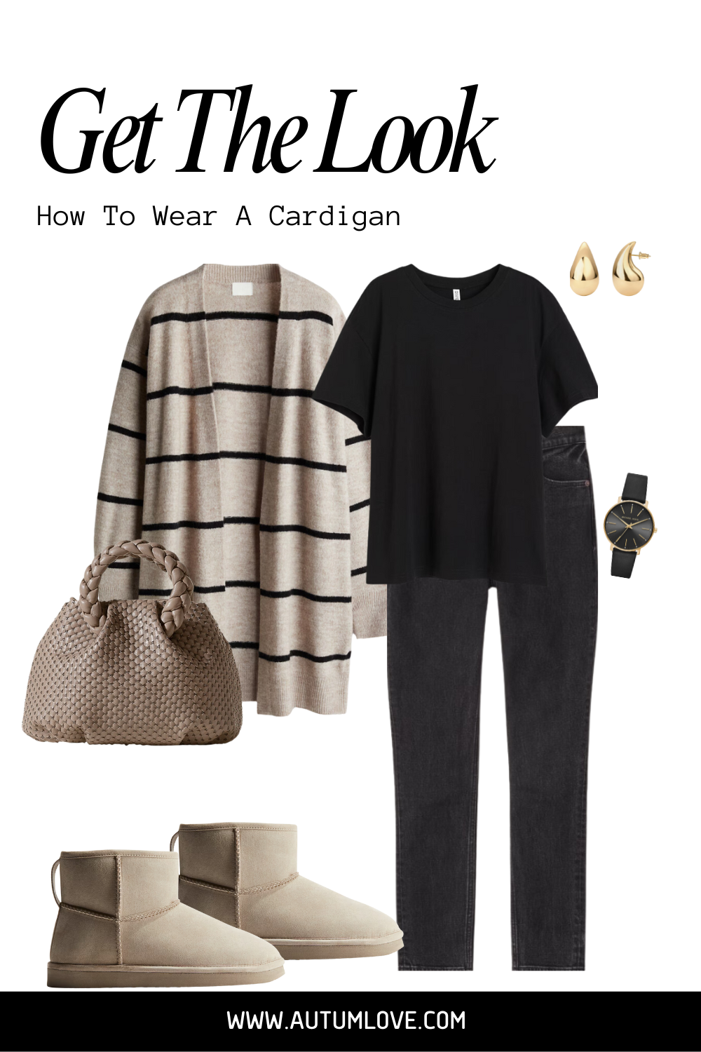Flat lay outfit featuring a striped beige and black cardigan, black jeans, grey Ugg Ultra Mini boots, and a beige woven handbag.