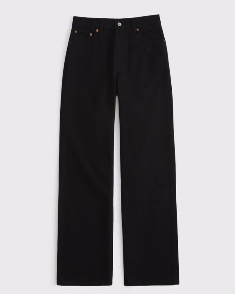 Rear view of Abercrombie High Rise 90s Relaxed jeans in a washed black, showing the extra-high rise and relaxed thigh that creates a curved silhouette for flat bottoms.