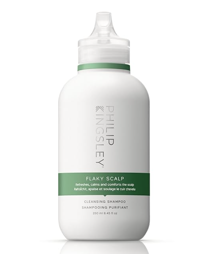 A bottle of Philip Kingsley Flaky Scalp Cleansing Shampoo, a professional-grade treatment for dandruff and scalp irritation.