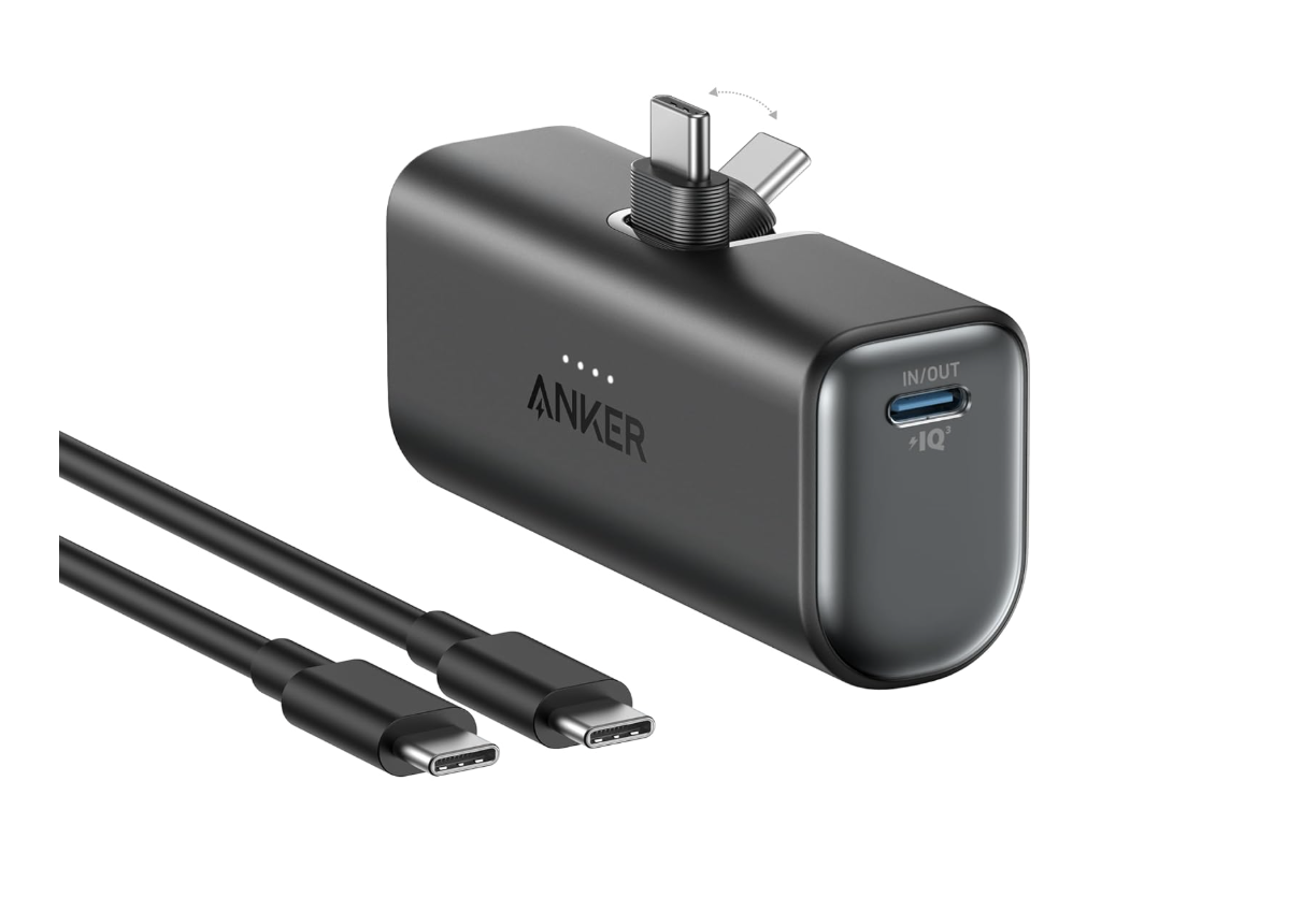 Anker Nano 5,000mAh USB-C portable power bank in black with foldable connector alongside an included USB-C cable.