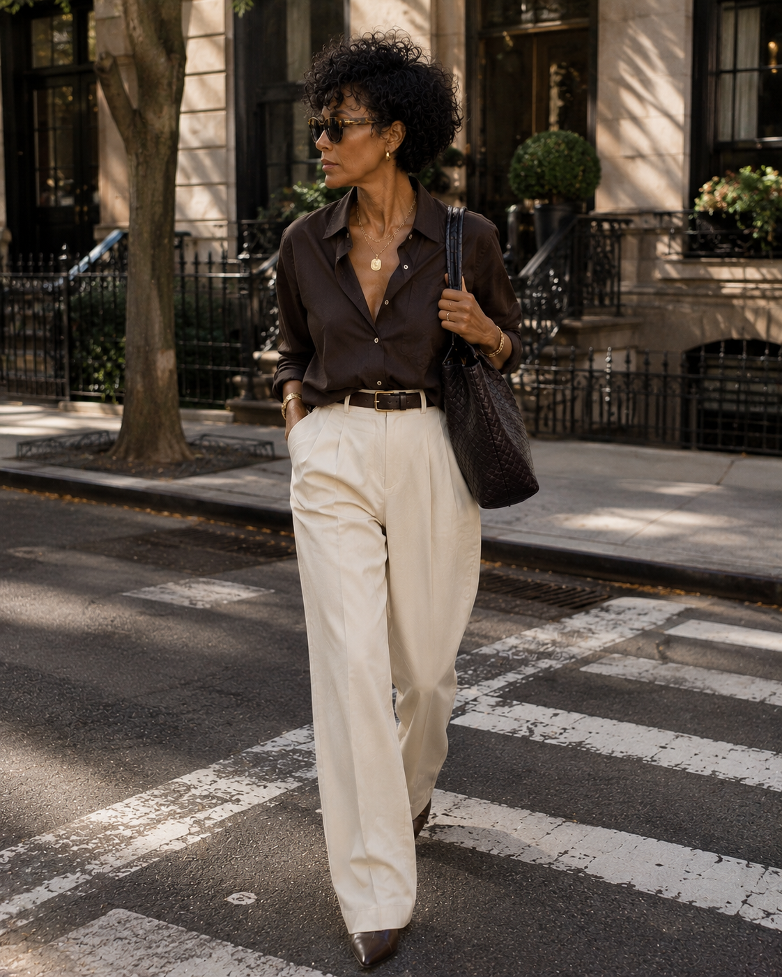 A chic woman over 50 with a textured, curly brunette bixie haircut crossing a city street wearing cream wide-leg trousers and a brown button-down shirt.