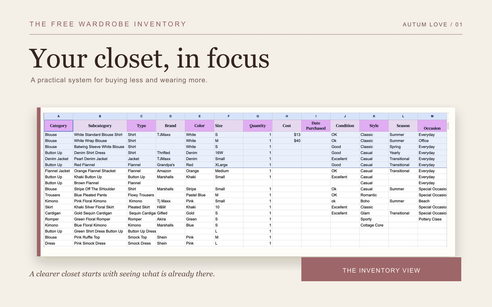 Editorial view of the free wardrobe inventory spreadsheet showing clothing categories, colors, seasons and occasions.