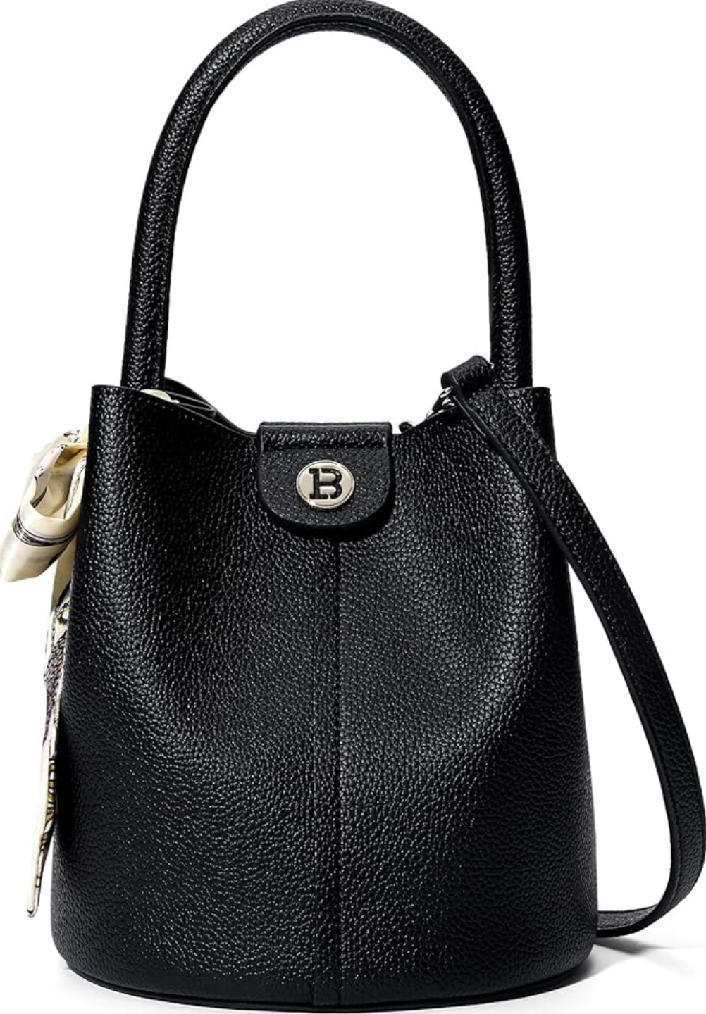 A structured black leather bucket hobo bag featuring a top handle, a silver-toned circular monogram clasp closure, and a decorative cream-and-black printed silk scarf tied around the strap.