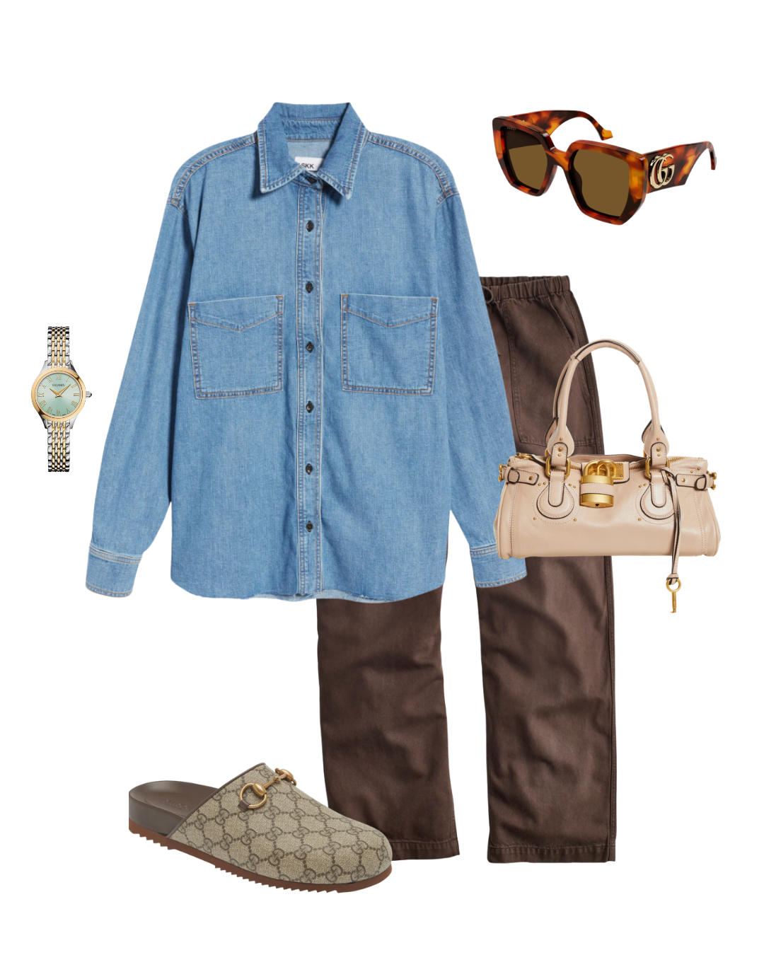 Blue denim button-down shirt paired with chocolate brown straight-leg jeans, leather belt, and classic loafers.