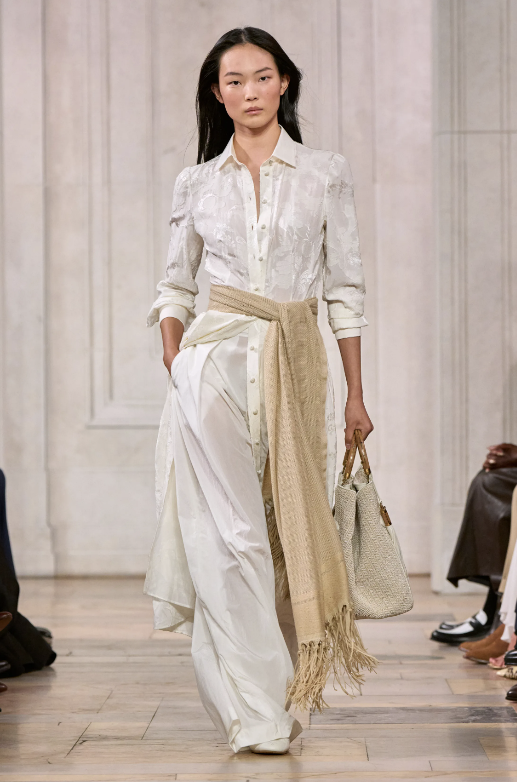 Ralph Lauren Spring 2027 runway styling detail featuring a scarf accessory
