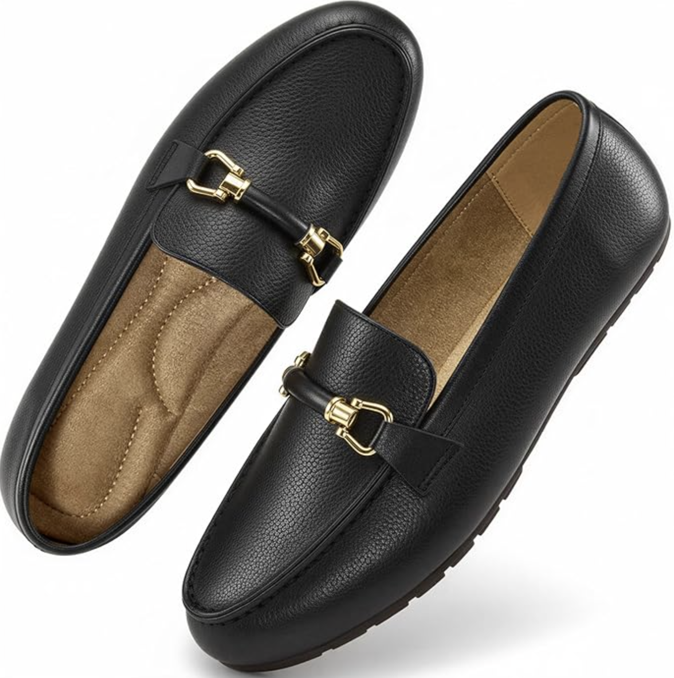 Close up of classic black leather loafers with gold bit hardware, styled as a comfortable and professional shoe option for green trousers.