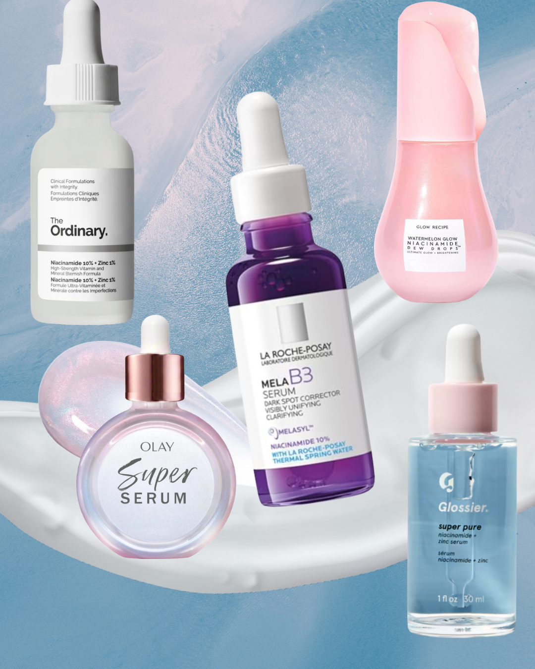 Ten niacinamide skincare products arranged on a clean vanity