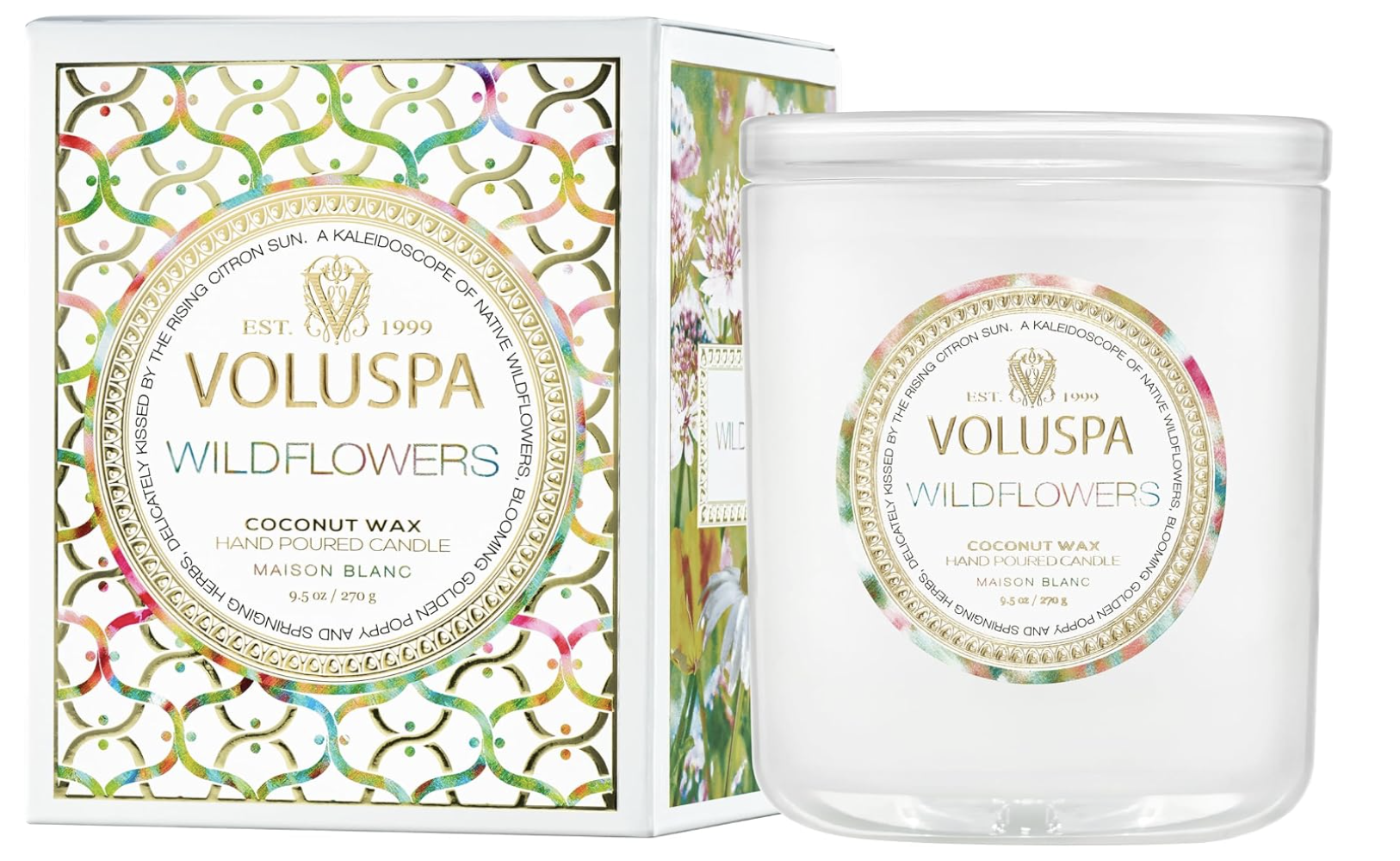 Voluspa Wildflowers classic coconut wax candle shown alongside its patterned decorative gift box set against a white background.